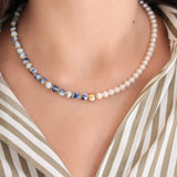 Kaleb necklace freshwater pearls & blue porcelain